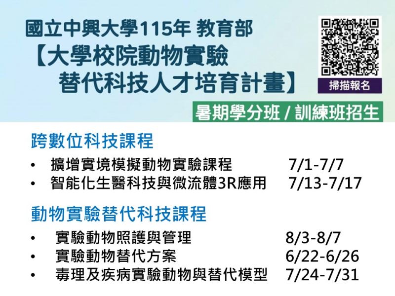 【暑期課程 】115年度「動物實驗替代科技領域人才培育計畫」暑期學分班/訓練班 (NCHU，6-8月 )